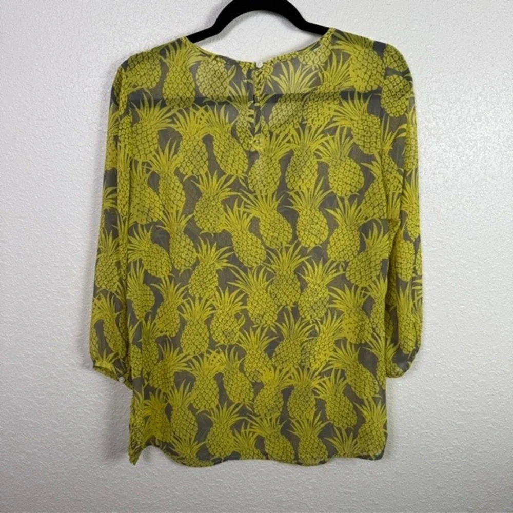 Banana Republic Pineapple Print Blouse Keyhole Top Sheer Yellow Medium